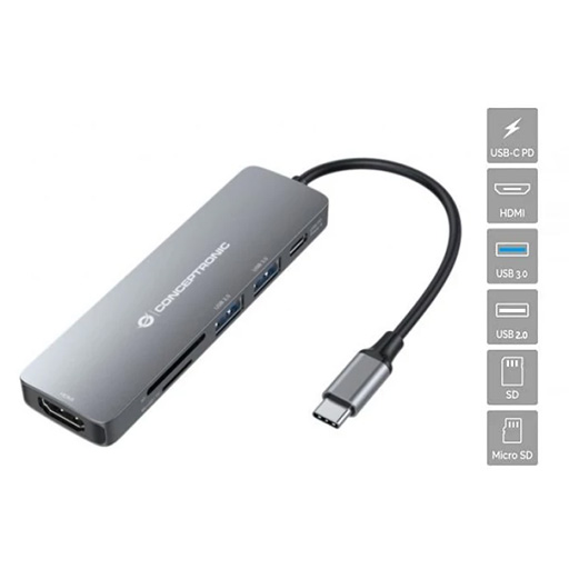 CONCEPTRONIC Hub 6-em-1 2x USB-A 3.0; USB-C PD; HDMI; SD/TF Leitor de Cartões